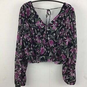 Japna x front v neck shear longsleeve floral print cropped elastic waist…